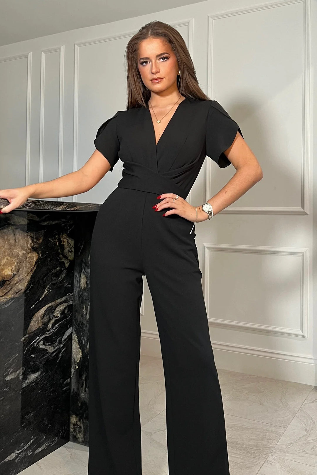 Bridget Black Twist Front Split Sleeve Wide Leg Jumpsuit LittleMadam