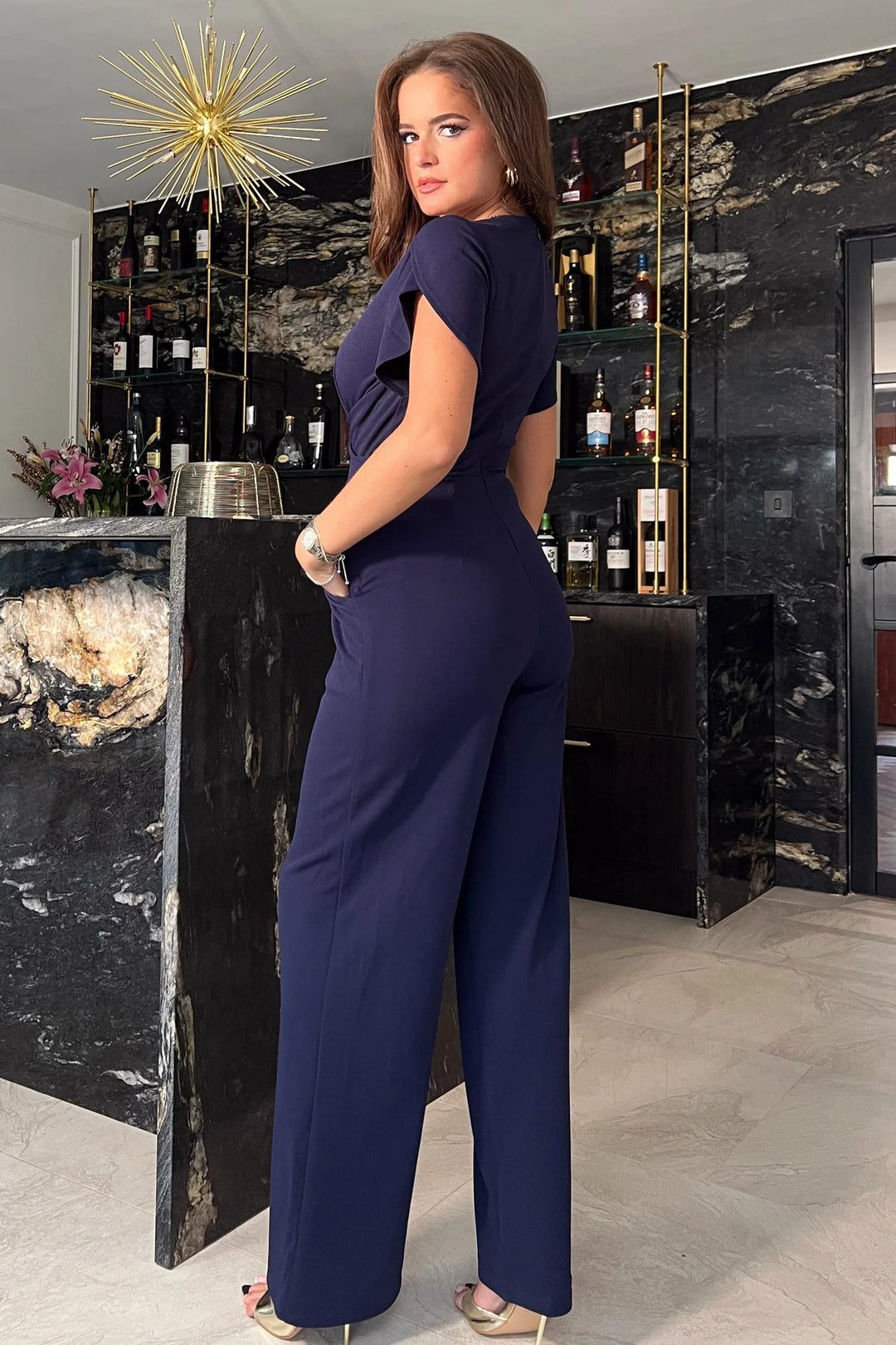 Bridget Navy Twist Front Split Sleeve Wide Leg Jumpsuit