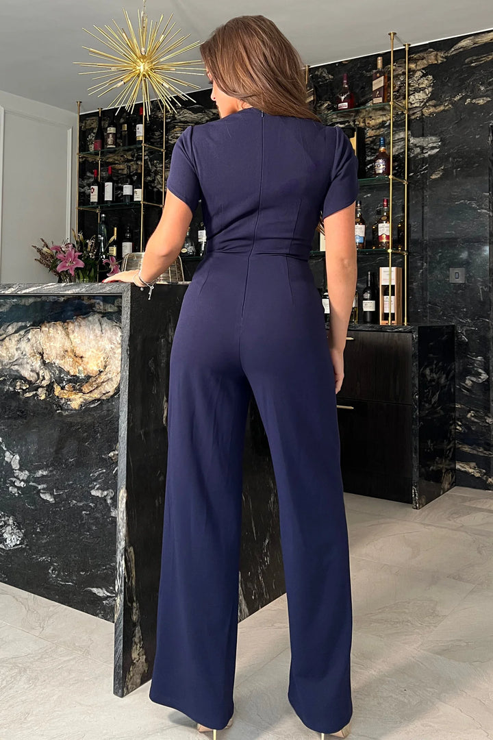 Bridget Navy Twist Front Split Sleeve Wide Leg Jumpsuit