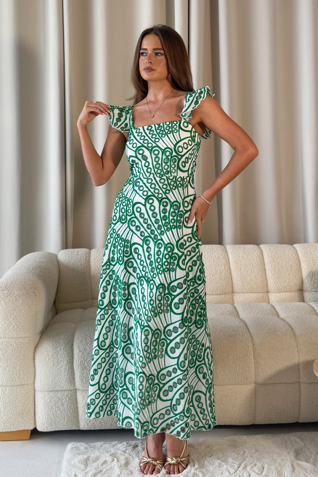 Orla Green Broderie Anglaise Maxi Dress - CHECK SIZING INFO