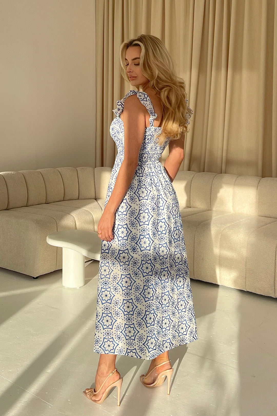 Lara Blue and White Broderie Anglaise Shirred Top Maxi Dress