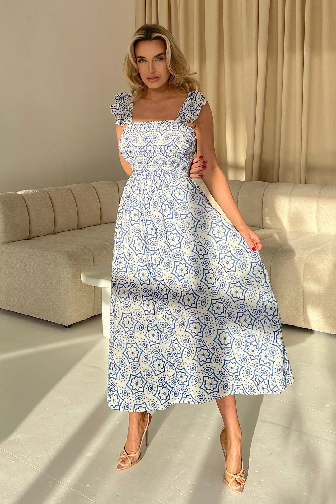 Lara Blue and White Broderie Anglaise Shirred Top Maxi Dress
