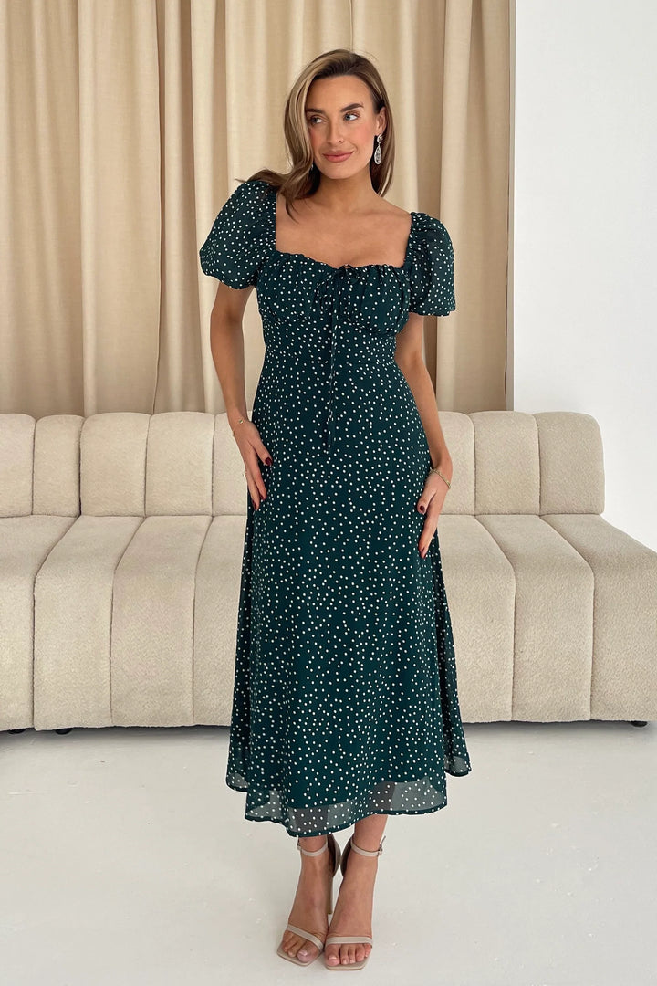 Jemma Green Square Neck Polka Dot Short Sleeve Midi Dress