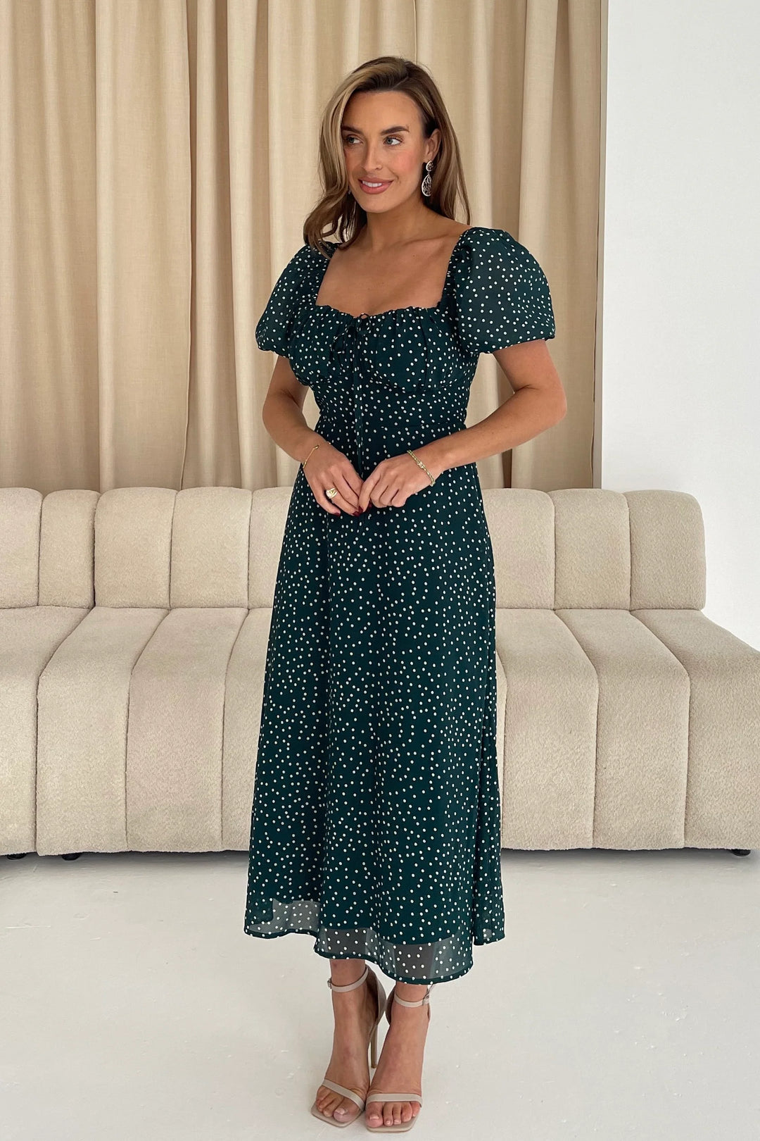 Jemma Green Square Neck Polka Dot Short Sleeve Midi Dress