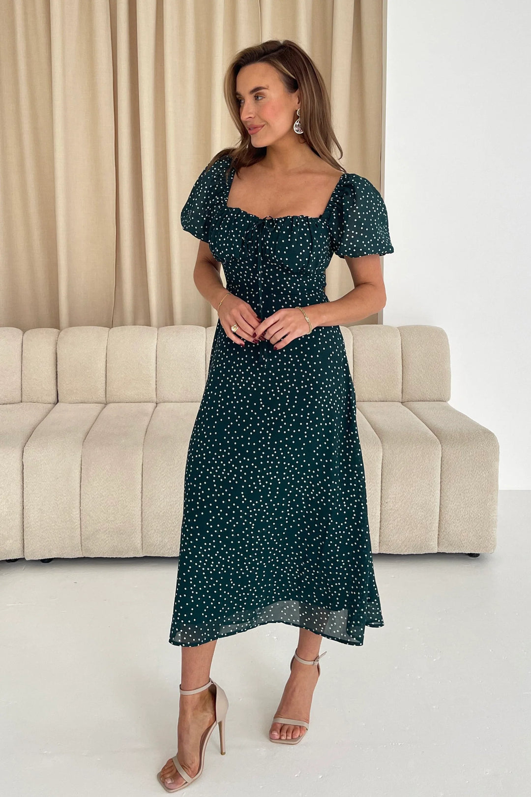 Jemma Green Square Neck Polka Dot Short Sleeve Midi Dress