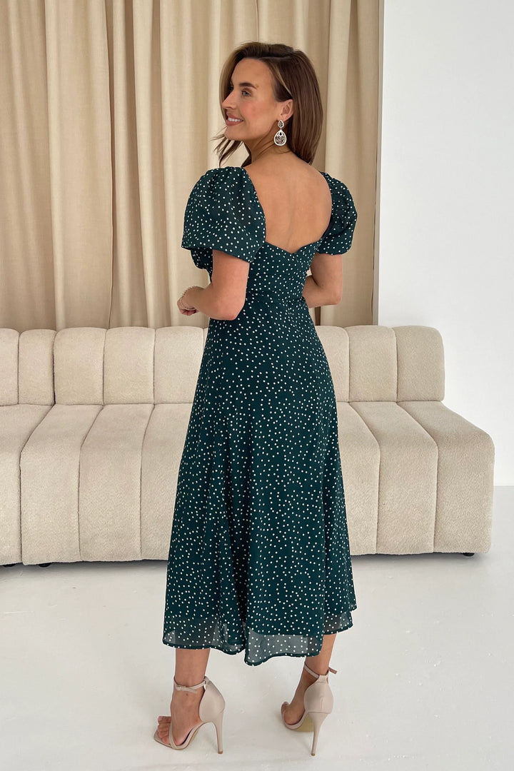 Jemma Green Square Neck Polka Dot Short Sleeve Midi Dress