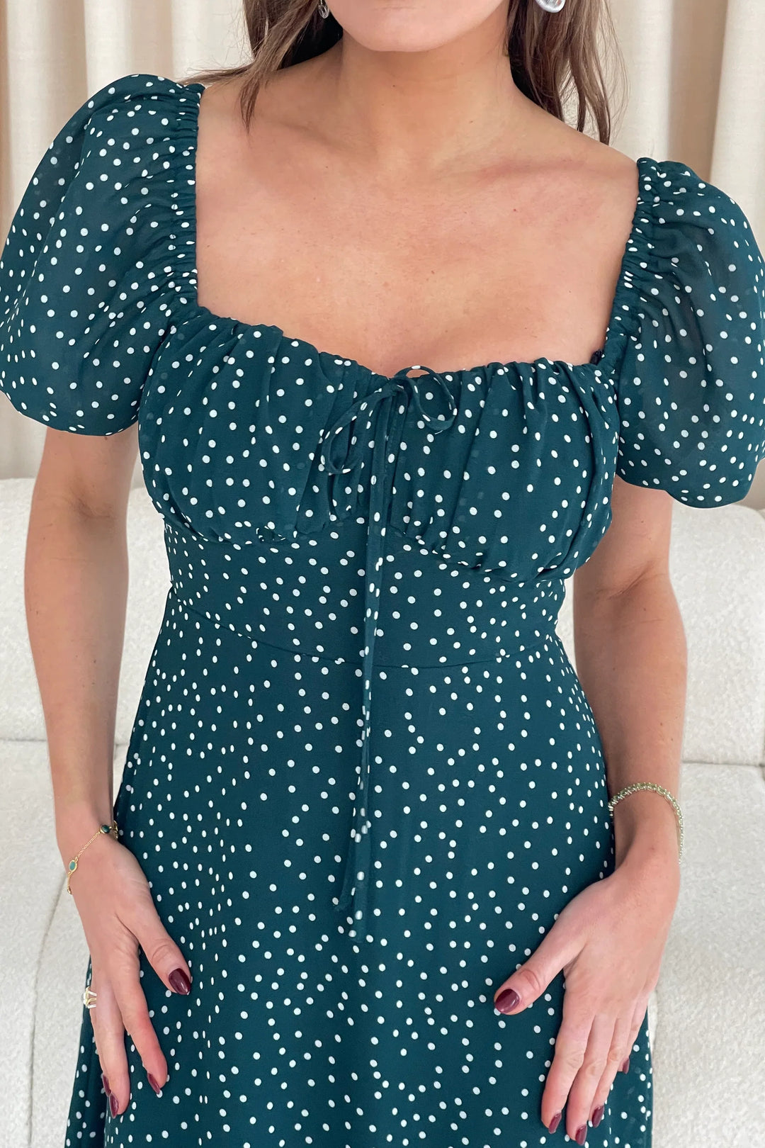 Jemma Green Square Neck Polka Dot Short Sleeve Midi Dress