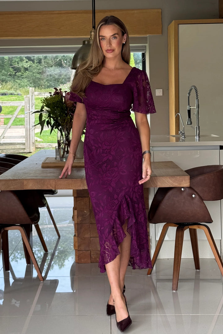 Heidi Plum Lace Ruched Short Sleeve Midi Dress