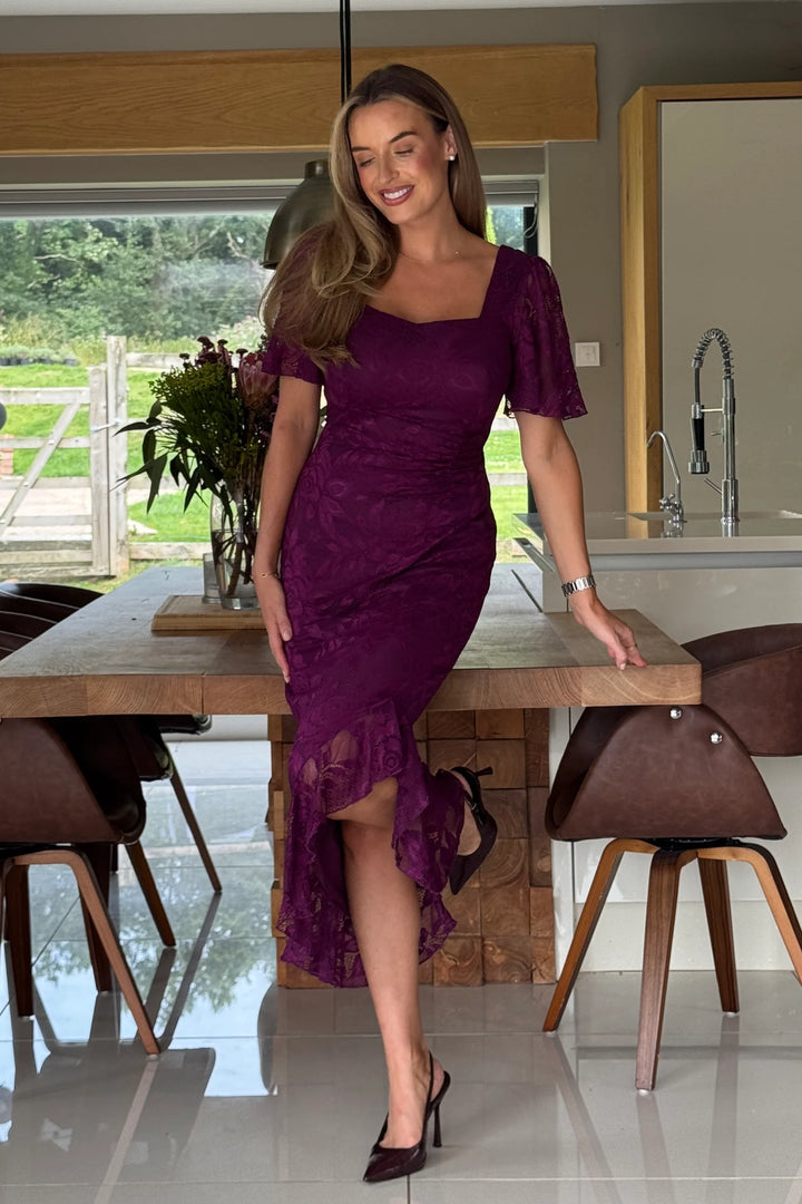 Heidi Plum Lace Ruched Short Sleeve Midi Dress