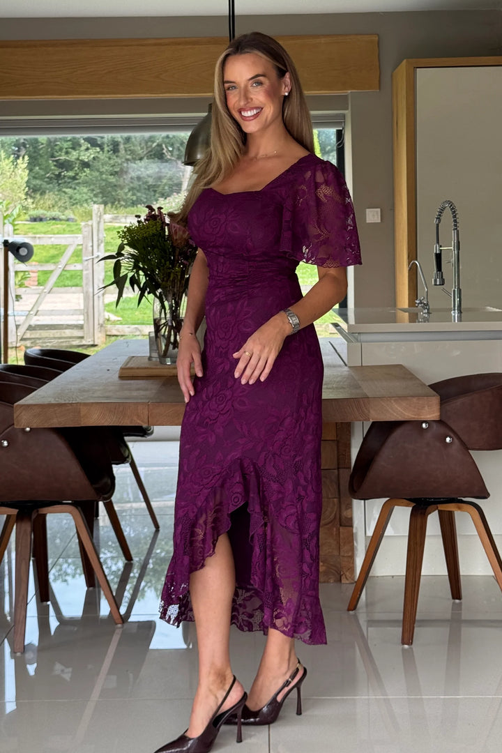 Heidi Plum Lace Ruched Short Sleeve Midi Dress
