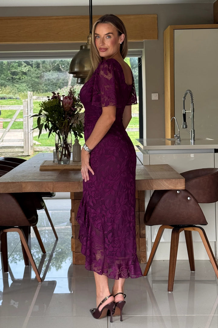 Heidi Plum Lace Ruched Short Sleeve Midi Dress