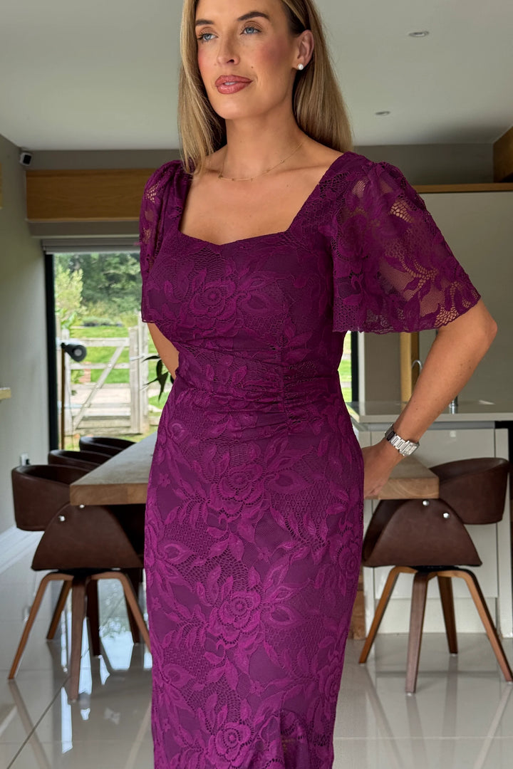 Heidi Plum Lace Ruched Short Sleeve Midi Dress