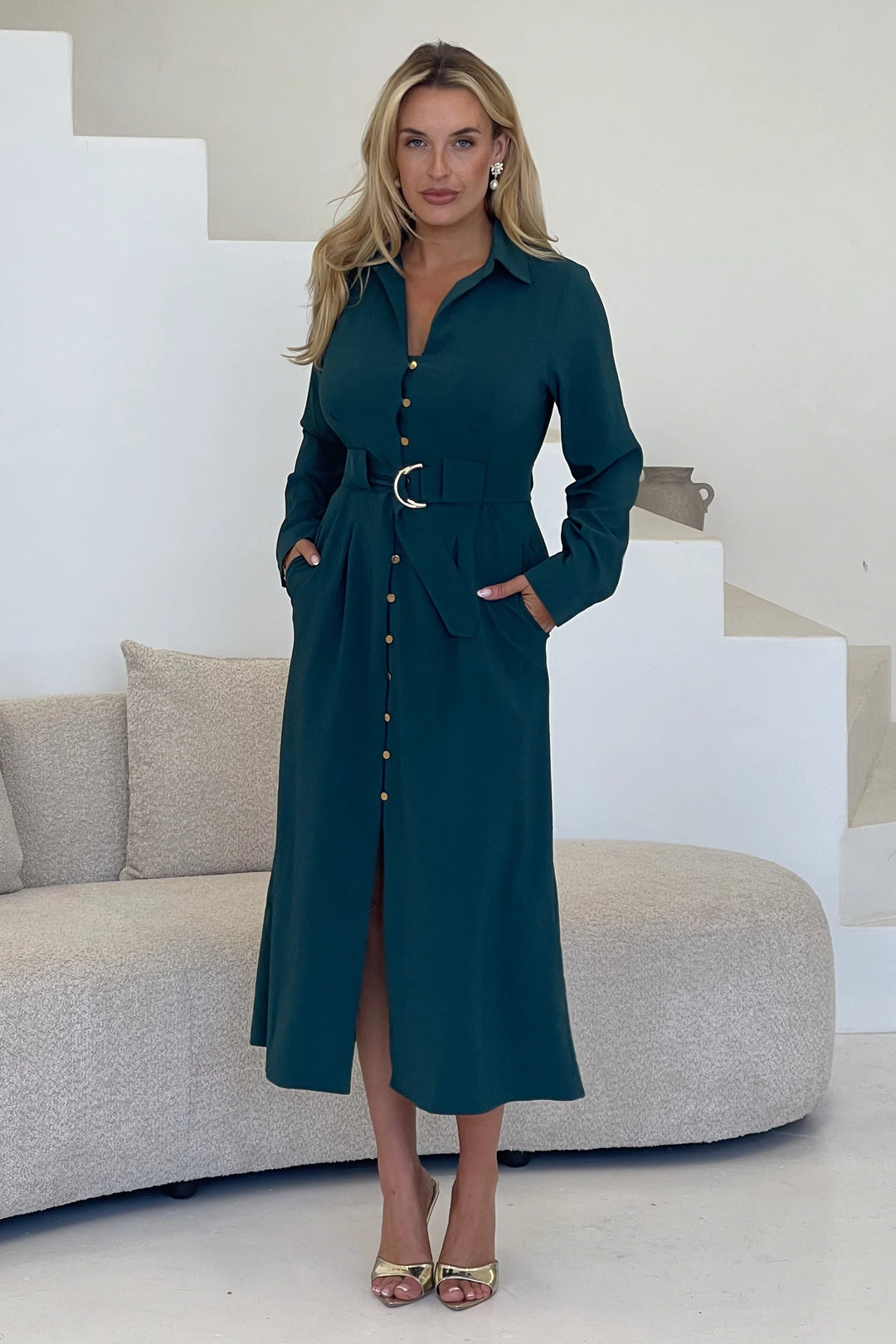 emerald green shirt dress Grace Emerald Green Buckle Detail Midi Shirt Dress
