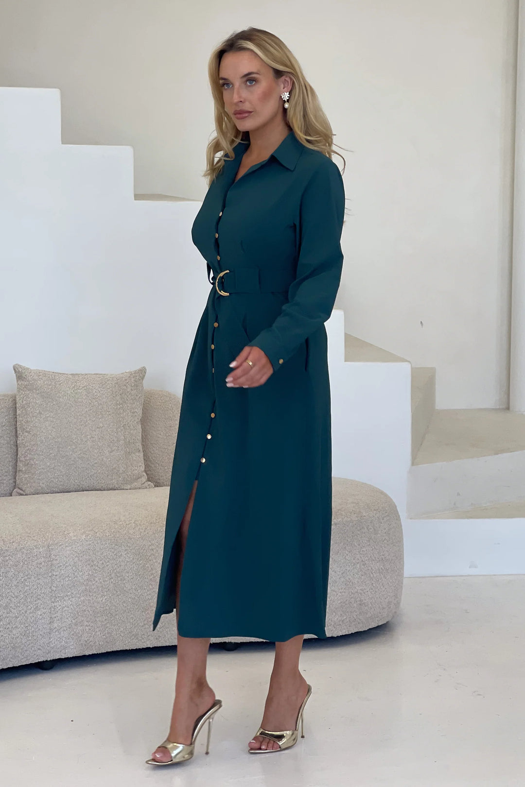 Grace Emerald Green Buckle Detail Midi Shirt Dress | LittleMadam Grace Emerald Green Buckle Detail Midi Shirt Dress | LittleMadam