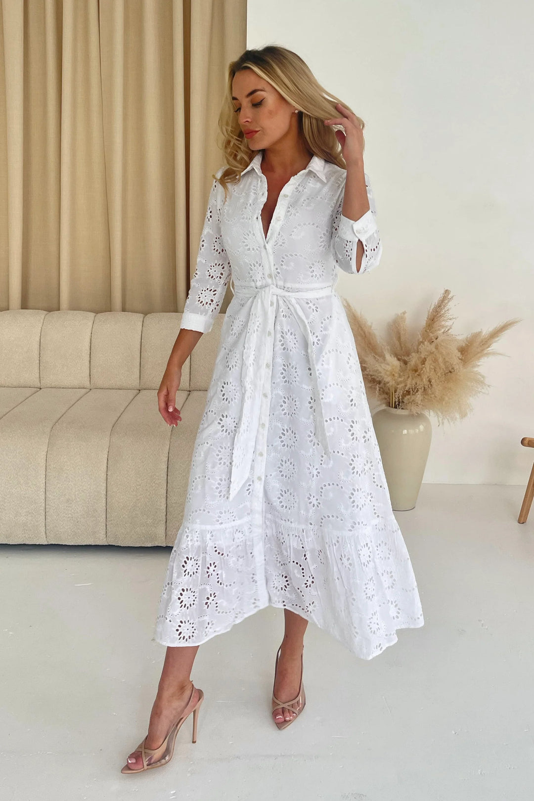 Michelle White Broiderie Anglaise Belted Maxi Shirt Dress