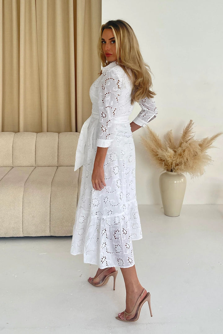 Michelle White Broiderie Anglaise Belted Maxi Shirt Dress