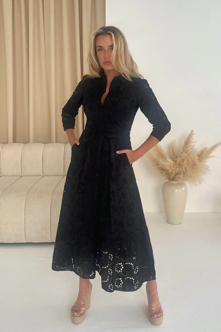 Michelle Black Broiderie Anglaise Belted Maxi Shirt Dress