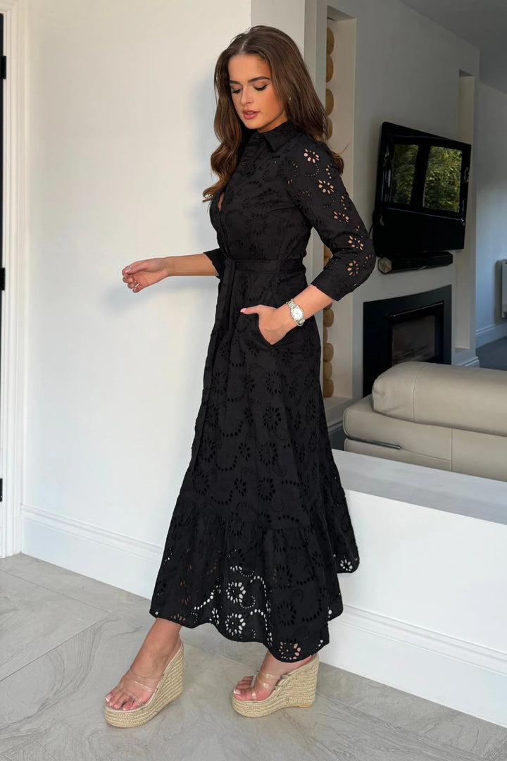 Michelle Black Broiderie Anglaise Belted Maxi Shirt Dress