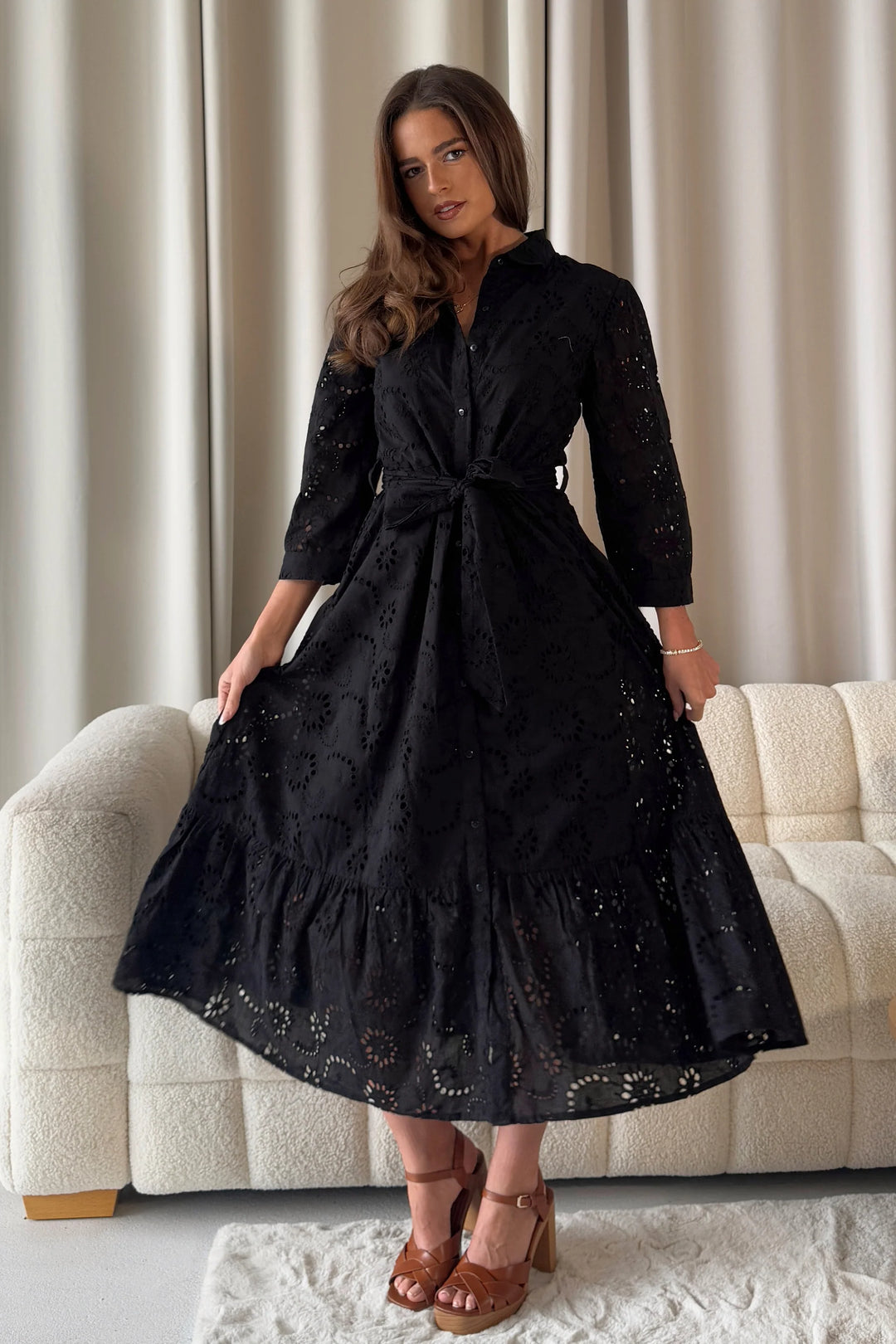 black shirt dress uk Michelle Black Broderie Anglaise Belted Midaxi Shirt Dress