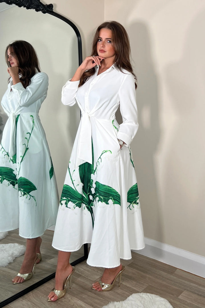 Isabelle White Green Leaf Tie Front 3/4 Sleeve Midaxi Shirt Dress