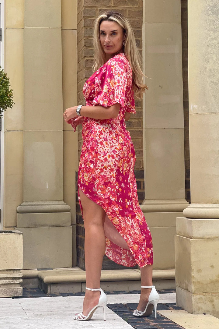 Natasha Fuchsia Floral Angel Sleeve Wrap Midi Dress