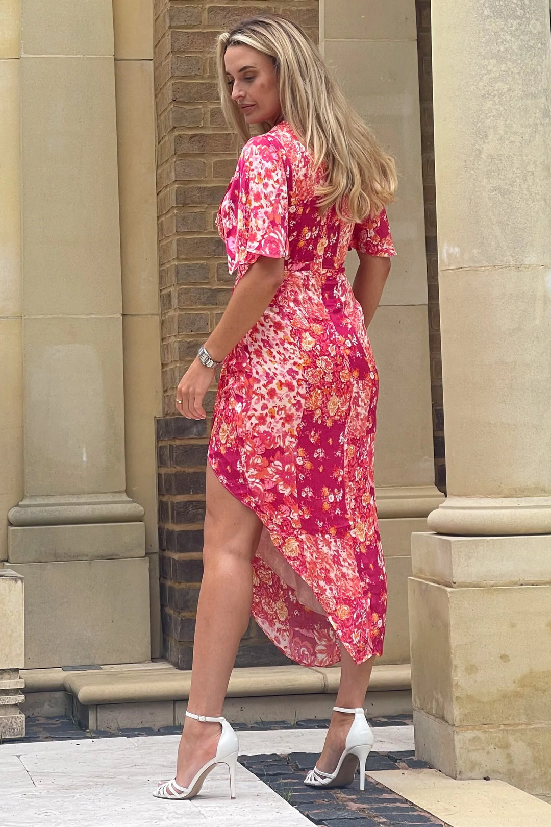 Natasha Fuchsia Floral Angel Sleeve Wrap Midi Dress