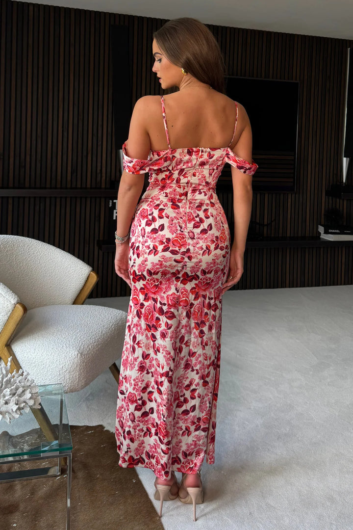 Madeline Red Floral Cold Shoulder Bodycon Maxi Dress