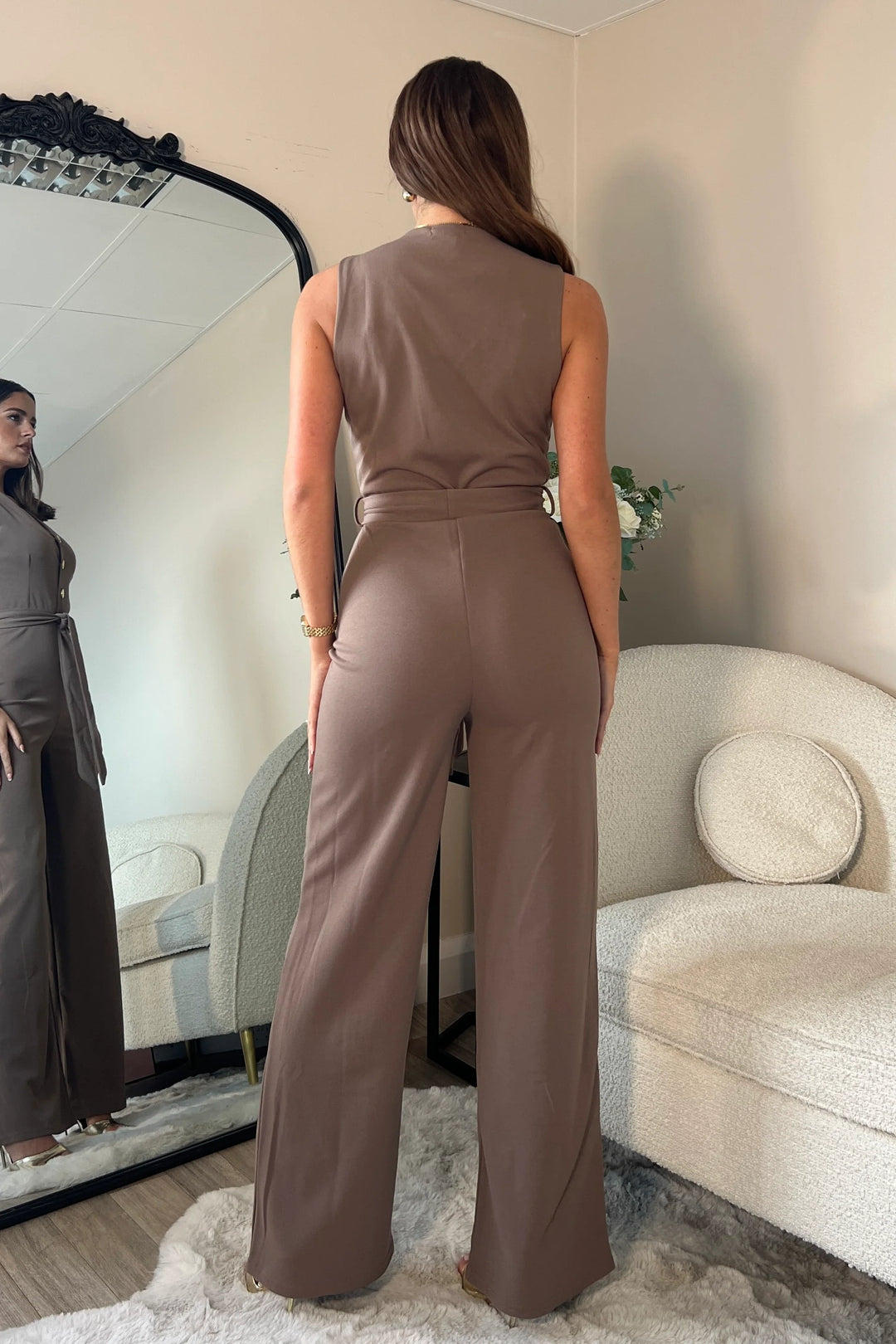 Trixy Mocha Tailored Waistcoat Belted Wide Leg Jumpsuit