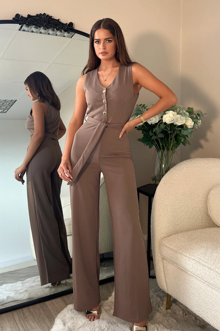 Trixy Mocha Tailored Waistcoat Belted Wide Leg Jumpsuit