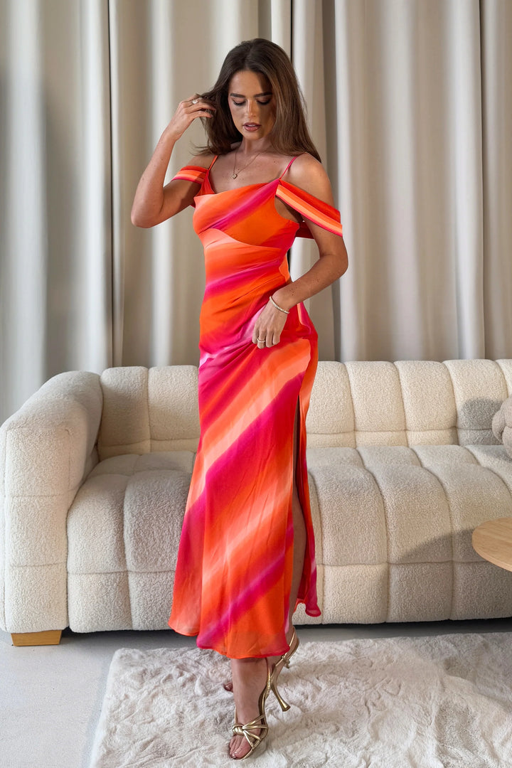 Julia Sunset Orange Cold Shoulder Bodycon Maxi Dress