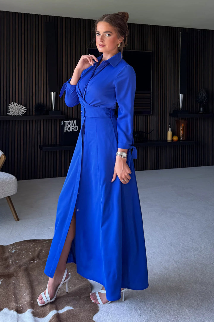 Kira Wrap Detail Cobalt Blue Maxi Belted Long Sleeve Shirt Dress