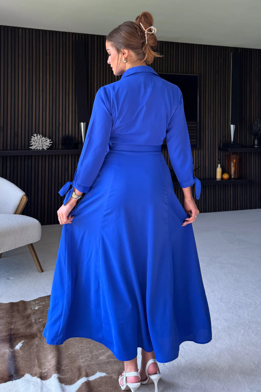 Kira Wrap Detail Cobalt Blue Maxi Belted Long Sleeve Shirt Dress