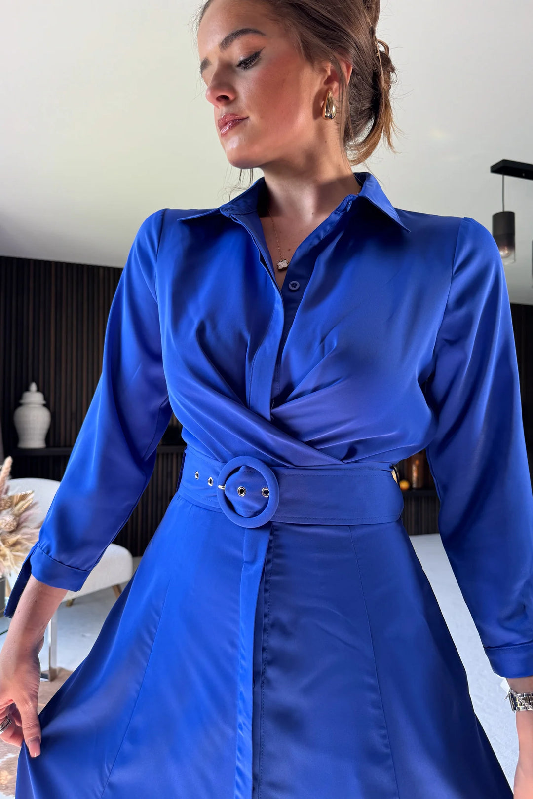 Kira Wrap Detail Cobalt Blue Maxi Belted Long Sleeve Shirt Dress