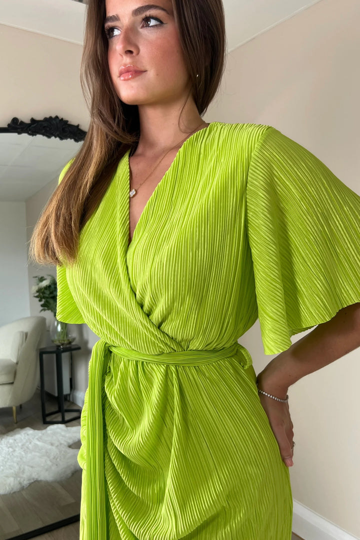 Tabby Lime Green Ruched Belted Plisse Midi Dress