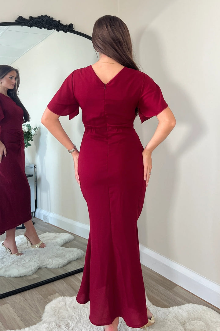 Cleo Burgundy Wine Split Sleeve Ruched Detail Bodycon Midi Dress