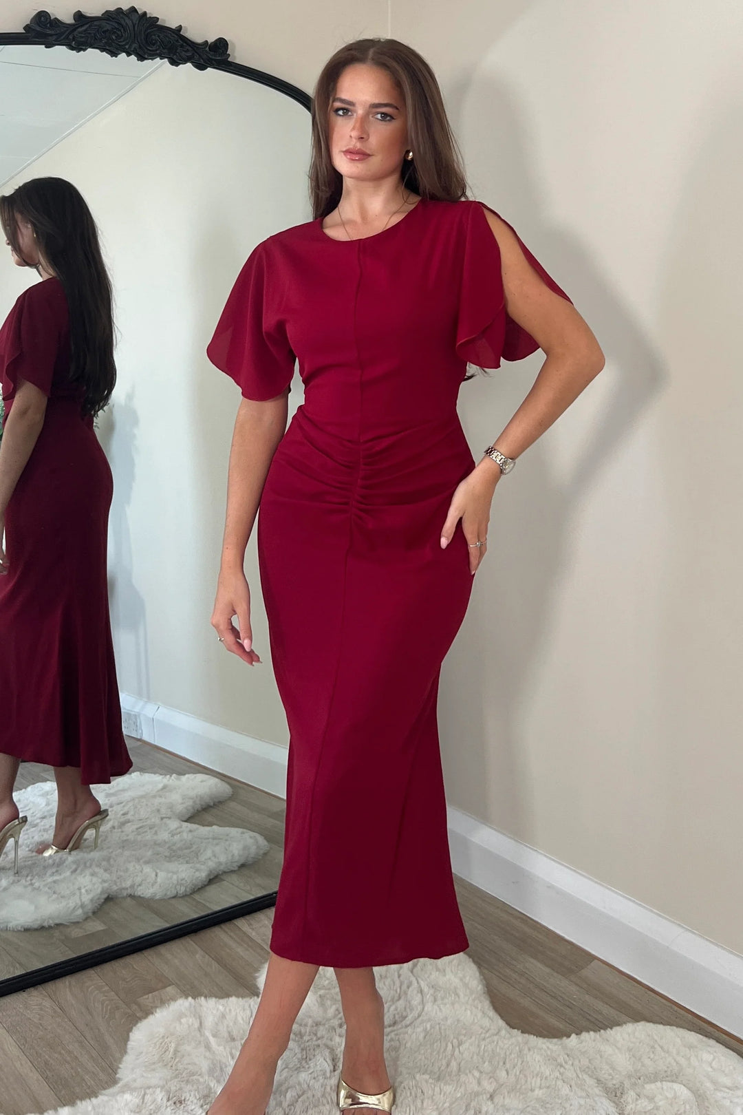 wine red dress Cleo Wine Red Split Sleeve Ruched Detail Bodycon Midi Dress