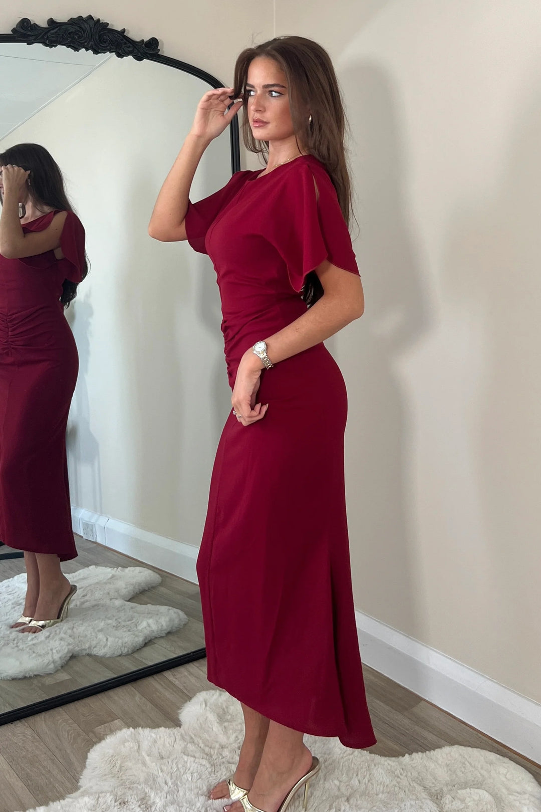 Cleo Wine Red Split Sleeve Ruched Detail Bodycon Midi Dress | LittleMadam Cleo Wine Red Split Sleeve Ruched Detail Bodycon Midi Dress | LittleMadam