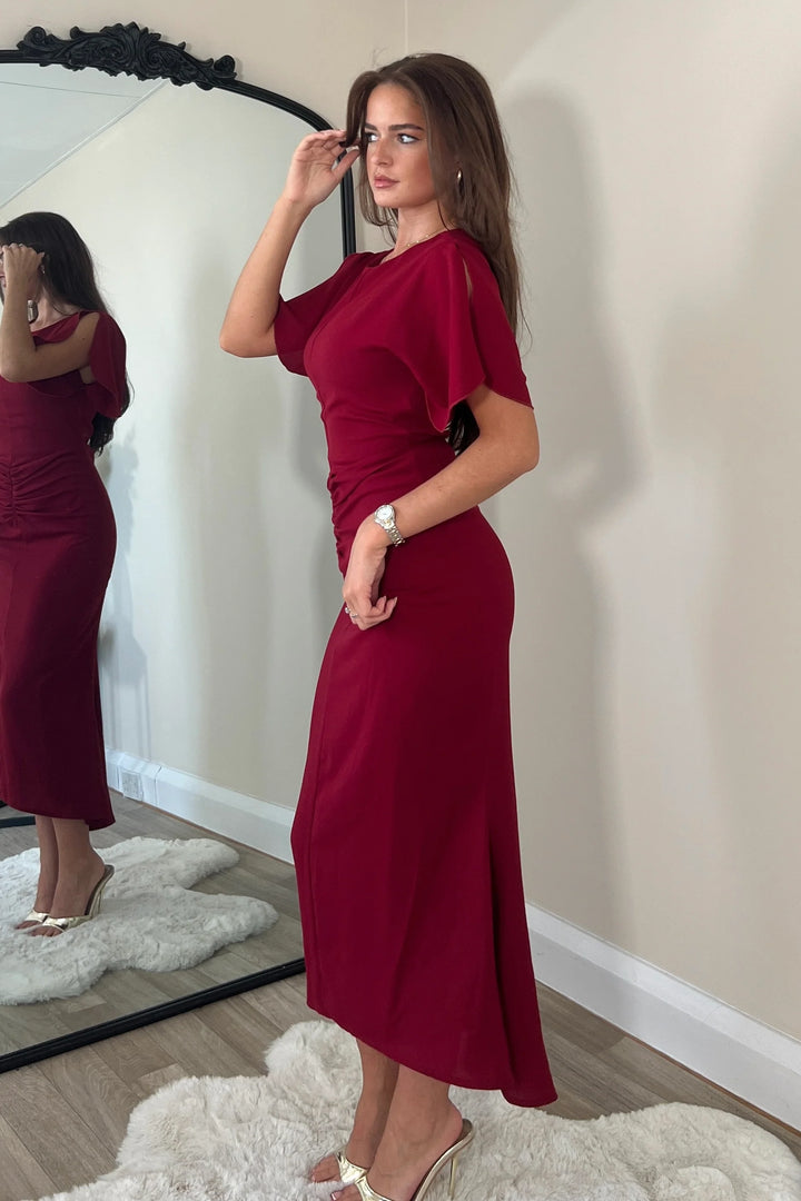 Cleo Burgundy Wine Split Sleeve Ruched Detail Bodycon Midi Dress