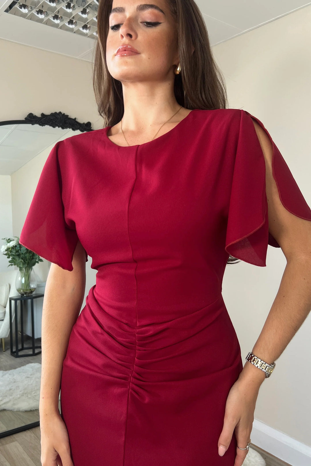 Cleo Burgundy Wine Split Sleeve Ruched Detail Bodycon Midi Dress