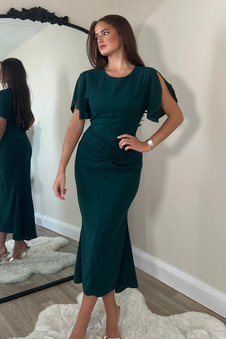 Cleo Emerald Green Split Sleeve Ruched Detail Bodycon Midi Dress