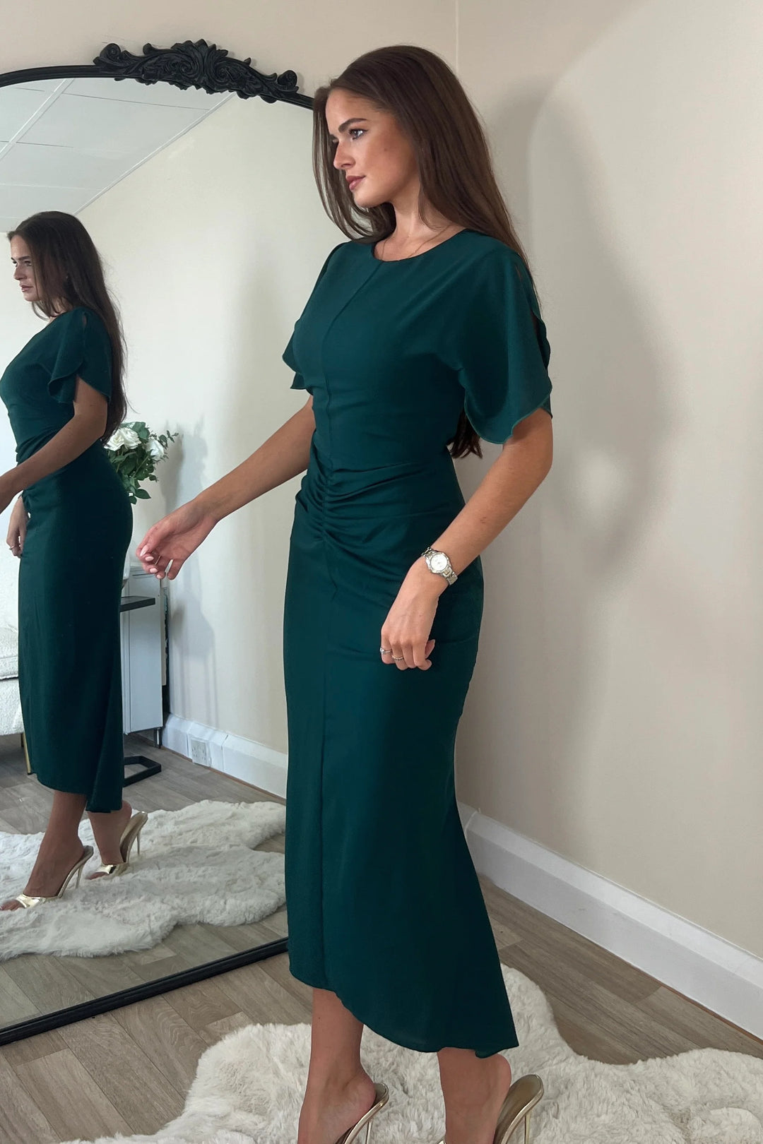 Cleo Emerald Green Split Sleeve Ruched Detail Bodycon Midi Dress