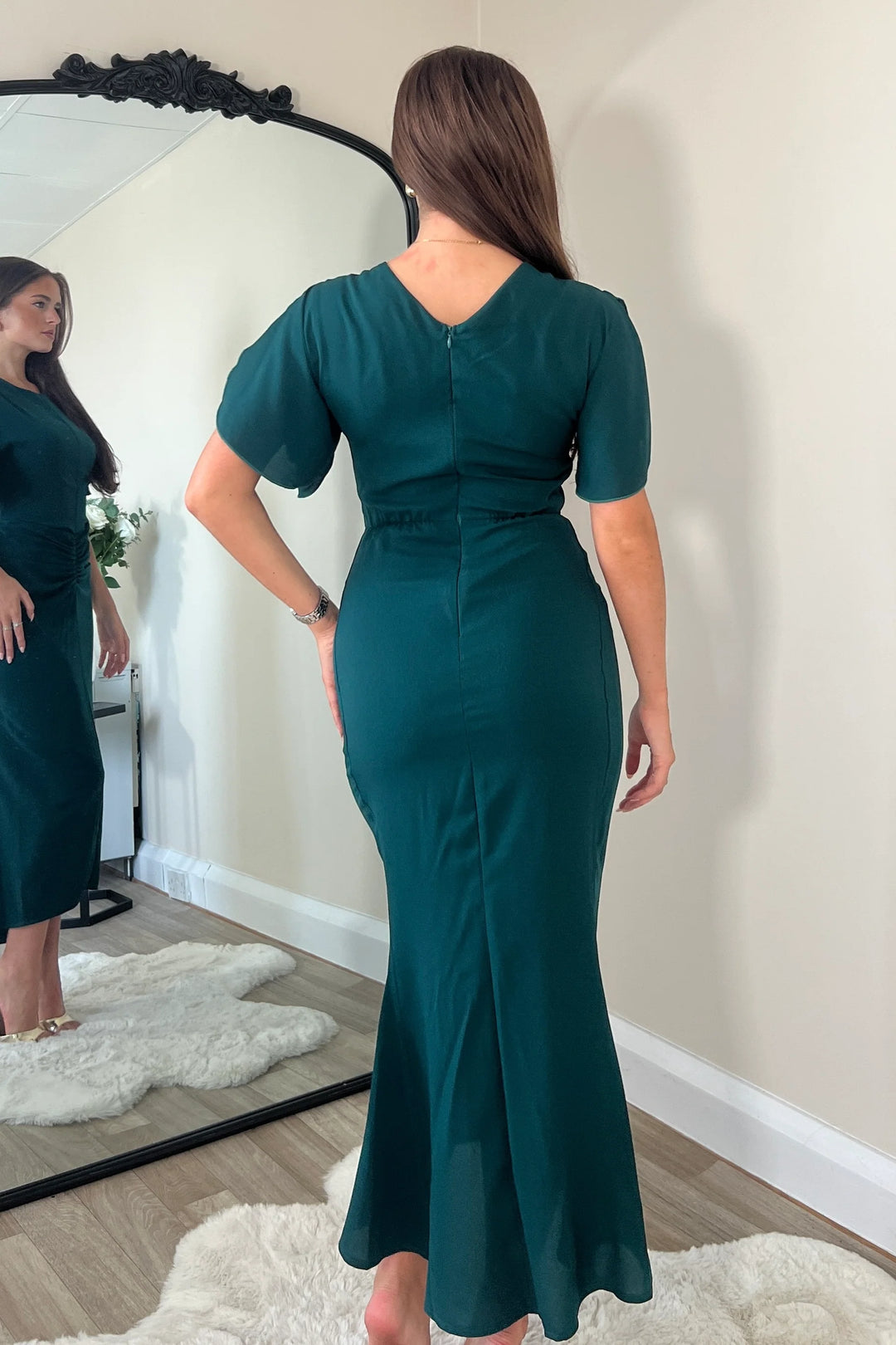 Cleo Emerald Green Split Sleeve Ruched Detail Bodycon Midi Dress