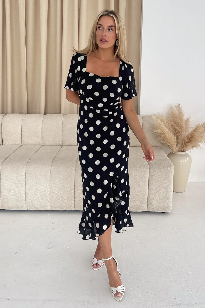 Heidi Black Polka Dot Ruched Short Sleeve Midi Dress
