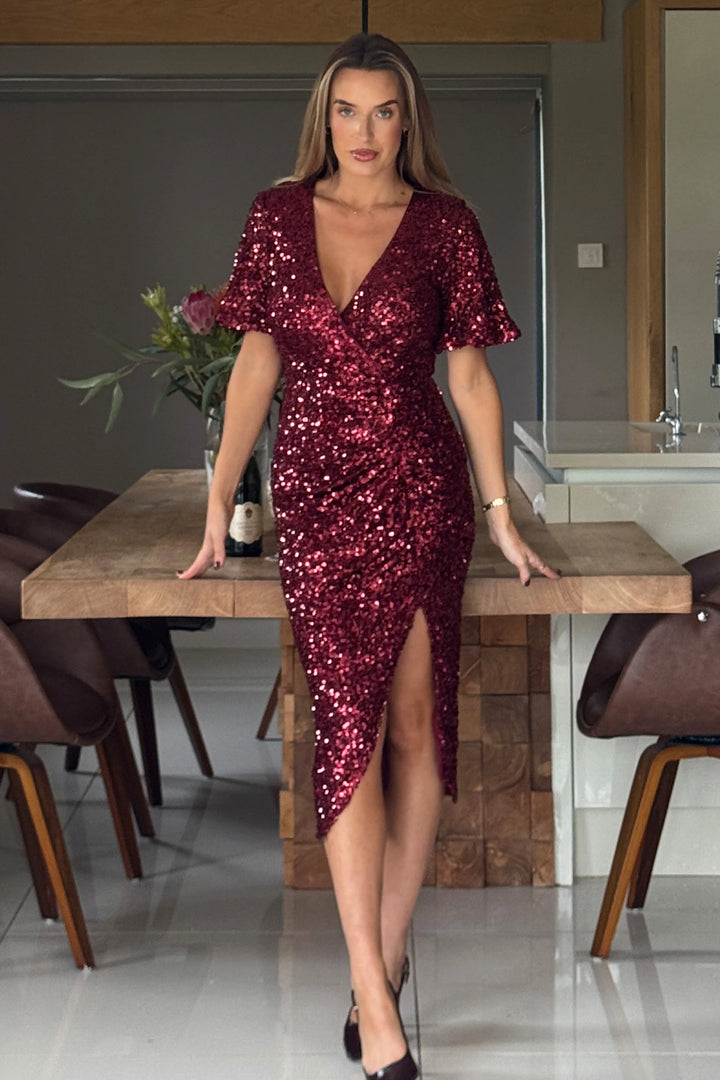 Isla Wine Red Angel Sleeve Sequin Bodycon Midi Dress (PRE-ORDER 1 WEEK)