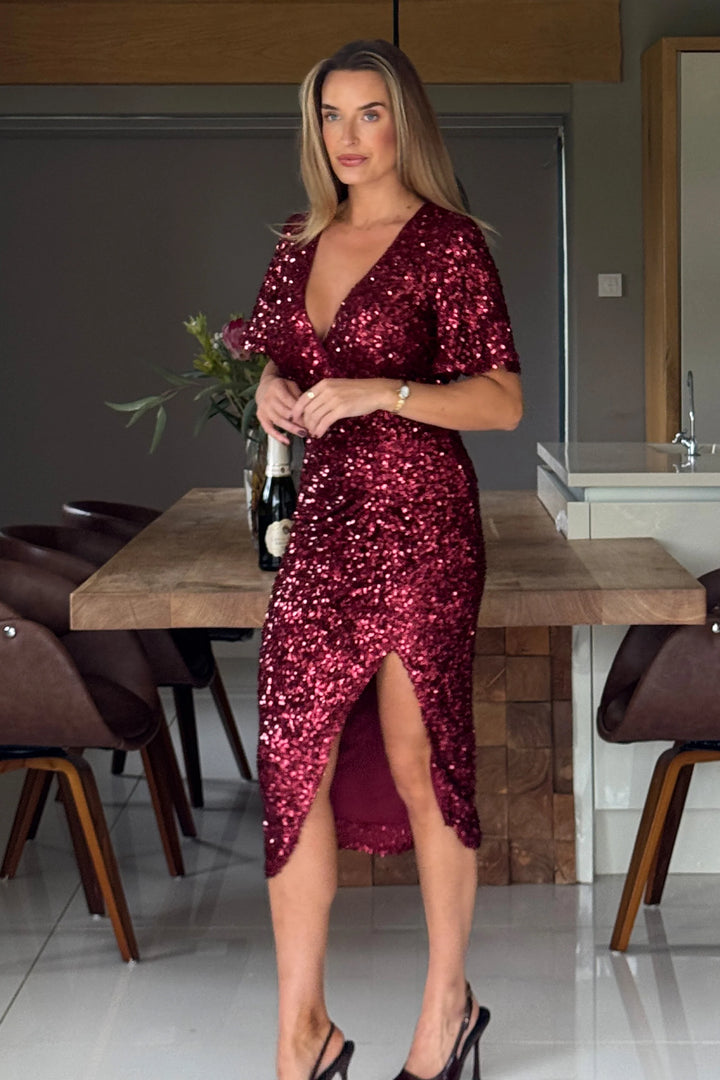 Isla Wine Red Angel Sleeve Sequin Bodycon Midi Dress (PRE-ORDER 1 WEEK)
