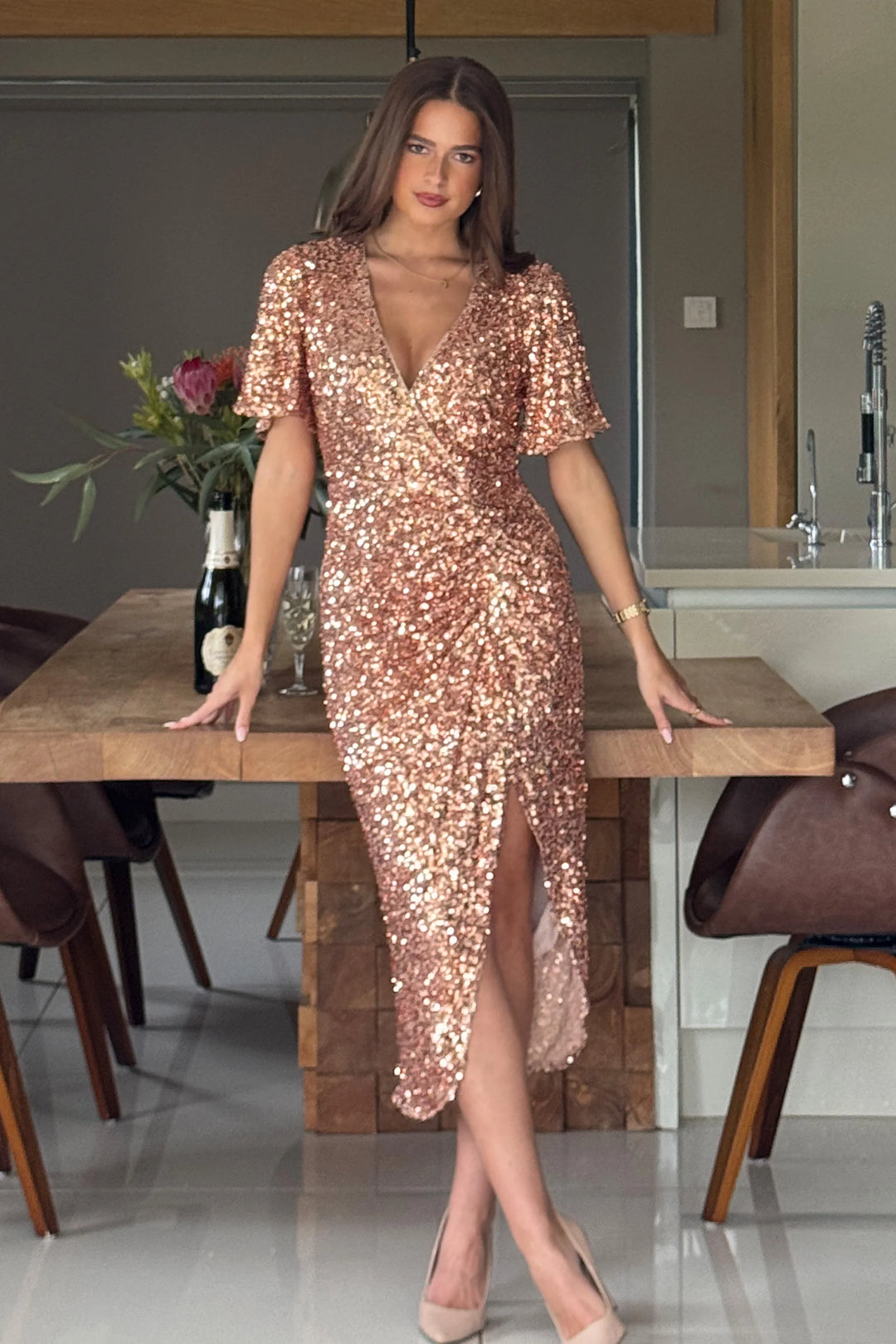 Isla Gold Angel Sleeve Sequin Bodycon Midi Dress (PRE-ORDER 1 WEEK)