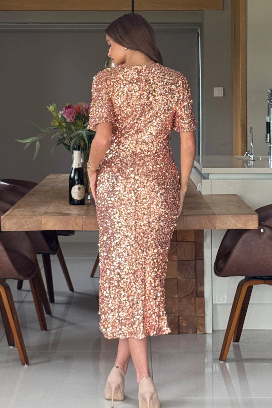 Isla Gold Angel Sleeve Sequin Bodycon Midi Dress (PRE-ORDER 1 WEEK)