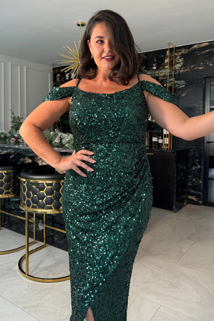 Camilla Emerald Green Sequin Cold Shoulder Wrap Over Bodycon Midi Dress