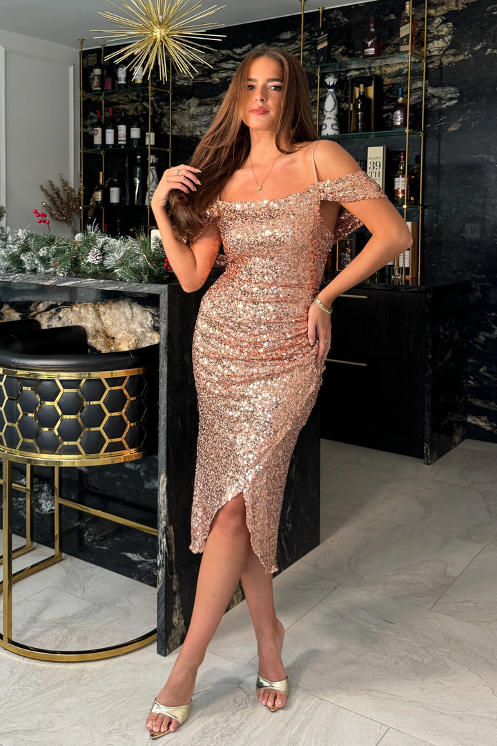 Camilla Gold Sequin Cold Shoulder Wrap Bodycon Over Midi Dress