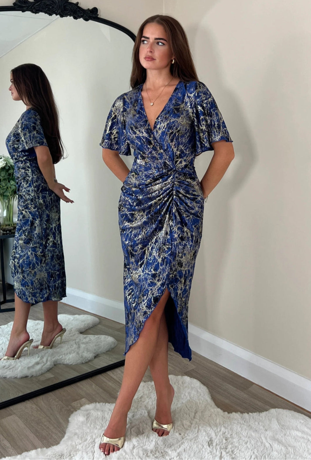 Isla Blue & Gold Angel Sleeve Bodycon Midi Dress | LittleMadam Isla Blue & Gold Angel Sleeve Bodycon Midi Dress | LittleMadam